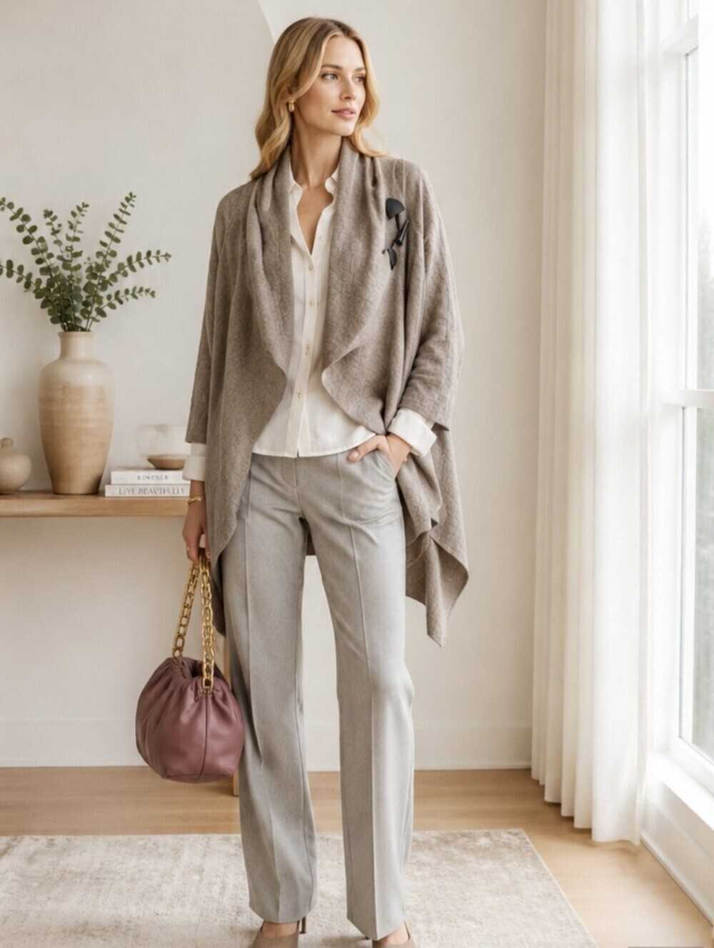 Neiman Marcus Tan Asymmetrical Shrug with Waterfall Front Cardigan